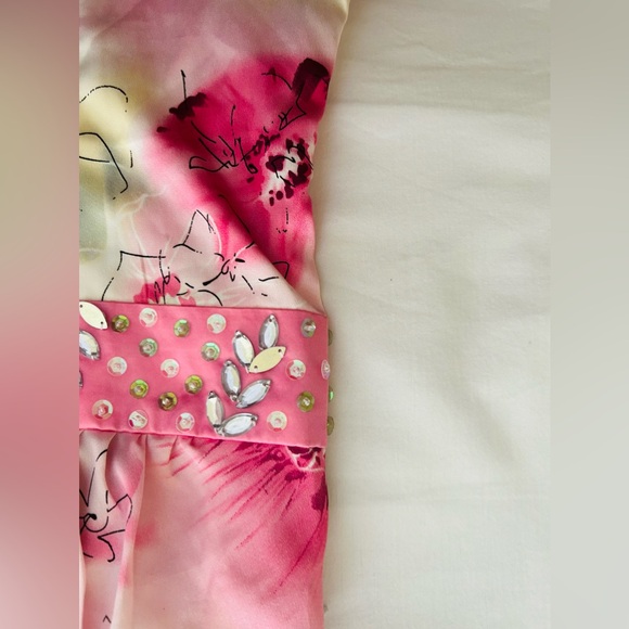 Vintage Pink Floral Watercolour Satin Dress with Bejeweled Belt - Picture 3 of 5